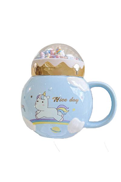 PUFO Cană ceramică Unicorn World cu capac pentru cafea sau ceai, 400 ml, albastră