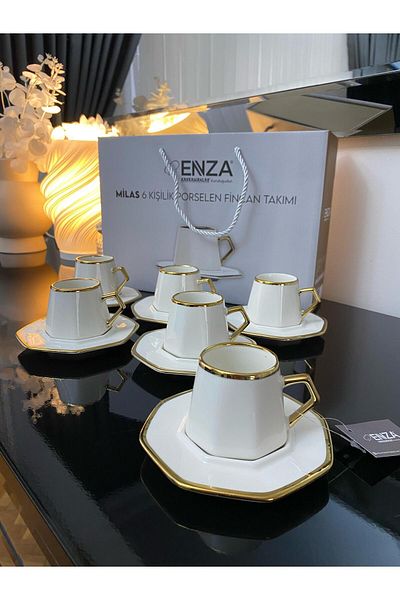 Enza طقم فناجين قهوة بورسلين ميلاس 6 قطع 90 مل