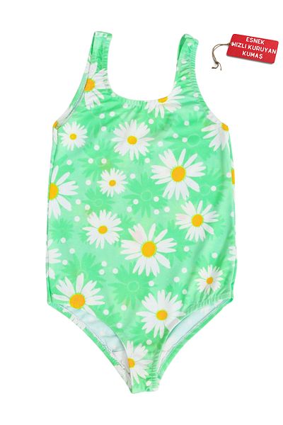 FırsatYeri Girls' Swimsuit Green White Daisy Pattern Comfortable Quick Dry Swimsuit Sea Pool Beach Swimsuit