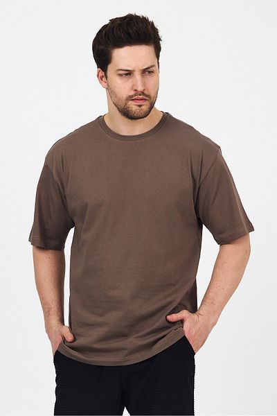 THE RULE Unisex Oversize 100% Cotton Wide Cut Soft Textured Basic Crew Neck Brown T-Shirt Rf0406