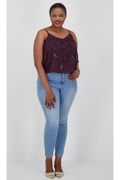 PROMOD Women V-neck Sleeveless Embellish Tops, Dark Purple Combo