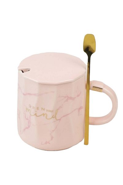 PUFO Cană ceramică Mind & Life cu capac și linguriță pentru cafea sau ceai, 350 ml, roz