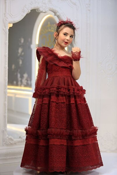 Ribbon kids Γοτθικό στυλ Παιδικό βραδινό φόρεμα με δαντέλα με μονό μανίκι + TAC