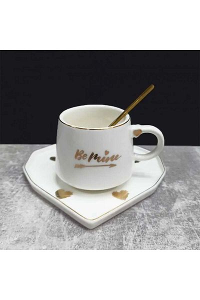 PUFO Cană ceramică cu farfurie în formă de inimă și linguriță „Be Mine” pentru cafea sau ceai, 180 ml, albă