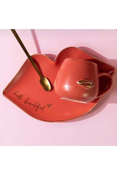 PUFO Cană ceramică frumoasă cu farfurie și linguriță pentru cafea sau ceai, 180 ml, roșie