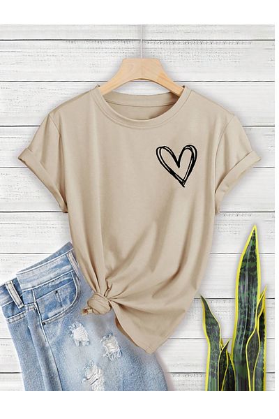 qavnas Μπλουζάκι Unisex Heart Printed Relaxed Cut Beige T-shirt
