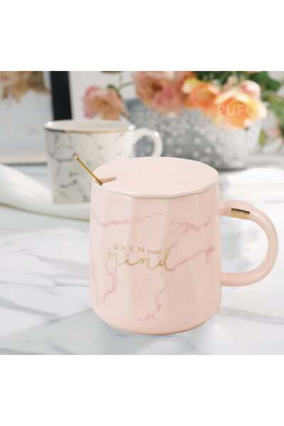 PUFO Mind & Life ceramic mug with lid and spoon for coffee or tea, 350 ml, pink