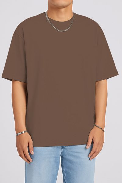 THE RULE Unisex Oversize 100% Cotton Wide Cut Soft Textured Basic Crew Neck Brown T-Shirt Rf0506