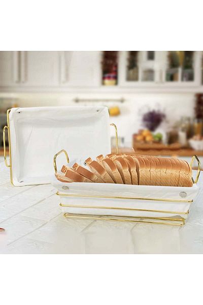 PUFO Rectangular metal basket kitchen for serving bread, with removable textile cover, 26 x 19 cm, gold