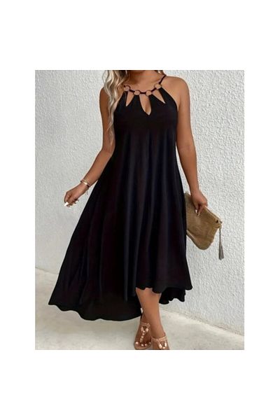 JANES Halter Neck Drop Detailed Ring Asymmetrical Cut Viscose Dress
