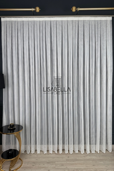 LisabellaHome Perdele din tul alb tricotat cu model de linie artistică și detaliu modern de linie |   Sezon nou (Cusătură dreaptă fără pliuri)