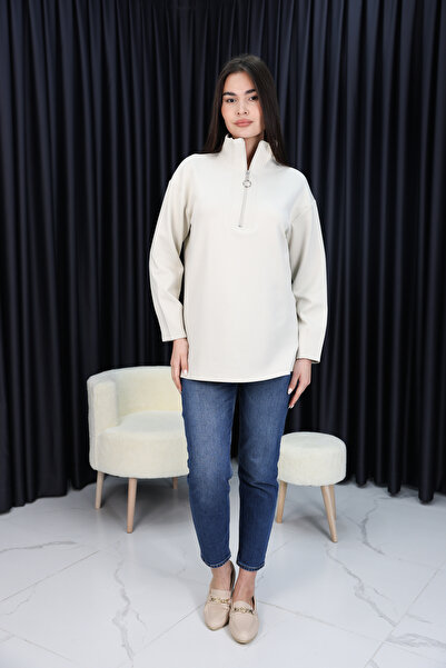 Trendingsize Stone Oversize Zipper Detailed Scuba Knitted Tunic