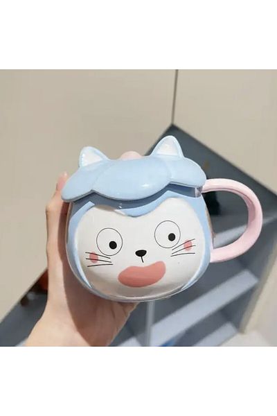 PUFO Cană ceramică Crazy Cat cu capac pentru cafea sau ceai, 300 ml, albastră
