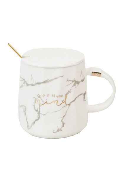 PUFO Cană ceramică Mind & Life cu capac și linguriță pentru cafea sau ceai, 350 ml, albă