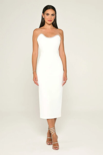 ALFABETA Straplez Şerit Aksesuarlı Krep Midi Elbise