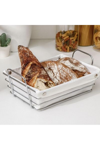 PUFO Rectangular metal kitchen basket for serving bread, with removable textile cover, 26 x 19 cm, silver
