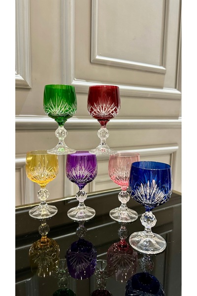 Vakıf home Bohemia Kristal Kesme El İşi Renkli 150 ml Ayaklı Kahve Yanı Su Bardağı