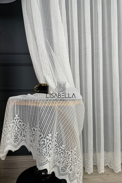 LisabellaHome Perdele din tul alb tricotat cu model de linie artistică și detaliu modern de linie |   Sezon nou (Cusătură dreaptă fără pliuri)
