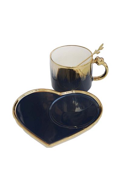 PUFO Cană ceramică cu farfurie în formă de inimă și linguriță Pufo Desire pentru cafea sau ceai, 180 ml, albastră
