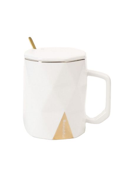 PUFO Cană ceramică Hey Beautiful cu capac și linguriță pentru cafea sau ceai, 350 ml, albă