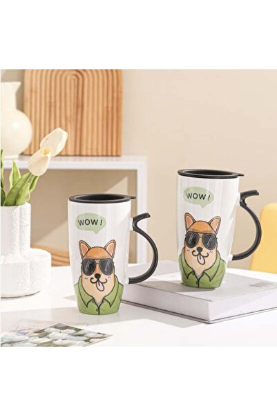 PUFO Stylish tall ceramic mug with lid, for coffee or tea, 450 ml
