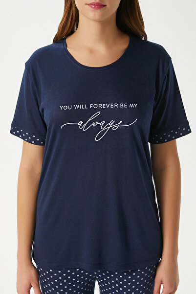 Ritnice Women's Always Viscose Crew Neck Short Sleeve Navy Blue Bottom Top Pajama Set