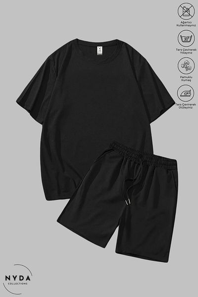 Nyda Collections Black Lycra Summer Cotton Crew Neck Short Sleeve T-Shirt Shorts Set of 2