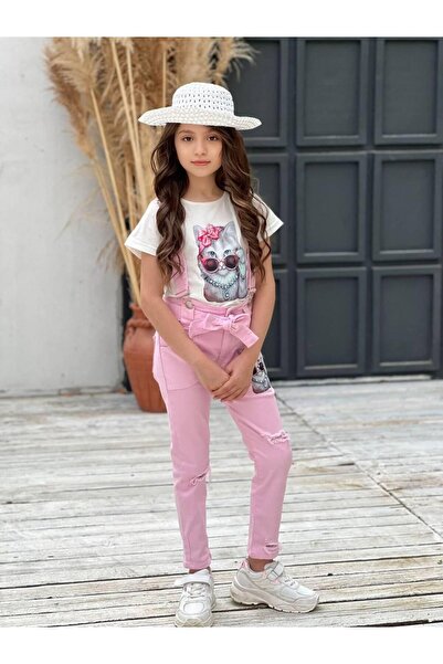 ugurbocegicocukdunyası Boys & Girls 3-12 Years Girls Kids Jeans Slopet Jumpsuit 4 Piece Suit Jeans Slopet/Tshirt/Belt/Hat