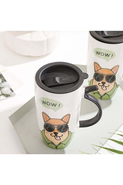 PUFO Cană înaltă elegantă din ceramică, cu capac, pentru cafea sau ceai, 450 ml