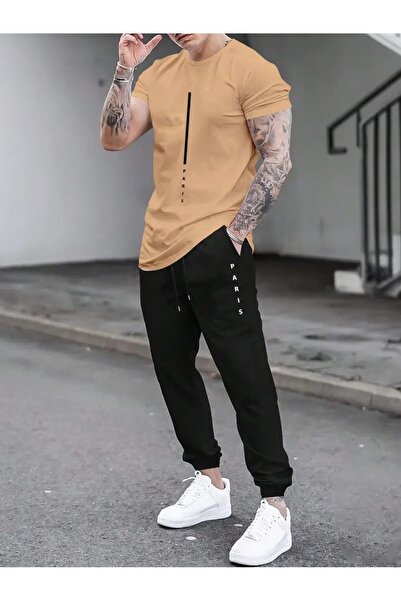 PAVRO طقم رياضي بطبعة باريس عمودية - تي شيرت كبير الحجم