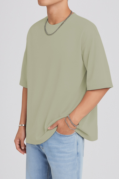 THE RULE Unisex Oversize 100% Cotton Wide Cut Soft Textured Basic Crew Neck Light Khaki T-Shirt Rf0506