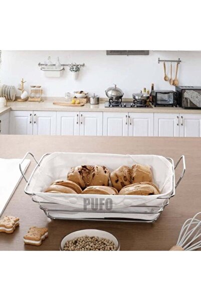 PUFO Rectangular metal kitchen basket for serving bread, with removable textile cover, 26 x 19 cm, silver