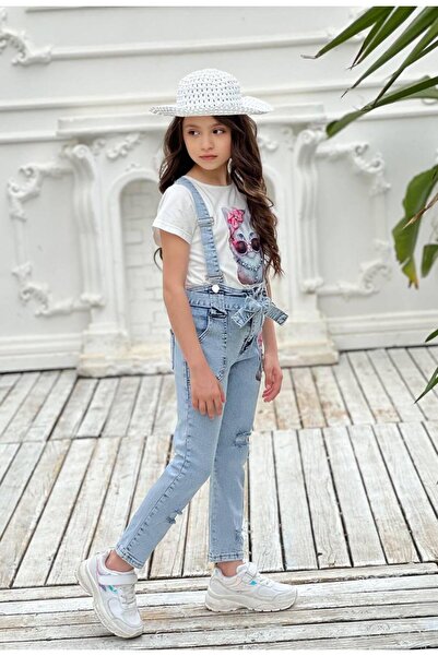 ugurbocegicocukdunyası Boys & Girls 3-12 Years Girls Kids Jeans Slopet Jumpsuit 4 Piece Suit Jeans Slopet/Tshirt/Belt/Hat