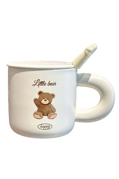 PUFO Cană ceramică Happy Bear cu capac și linguriță pentru cafea sau ceai, 350 ml, albă