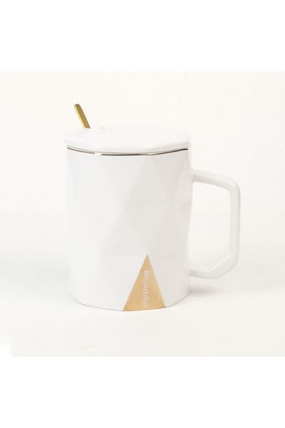 PUFO Cană ceramică Hey Beautiful cu capac și linguriță pentru cafea sau ceai, 350 ml, albă