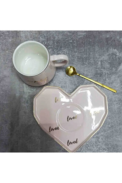 PUFO Ceramic mug with heart-shaped saucer and Pufo Be Mine teaspoon for coffee or tea, 180 ml, pink