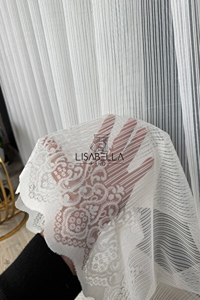 LisabellaHome Perdele din tul alb tricotat cu model de linie artistică și detaliu modern de linie |   Sezon nou (Cusătură dreaptă fără pliuri)