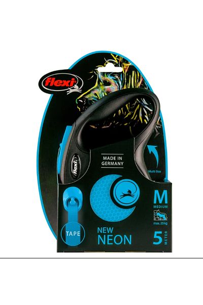 Flexi New Neon m Size Ribbon Leash Medium 5 Meters Automatic Ribbon Dog Extension Max 25kg Blue Ribbon