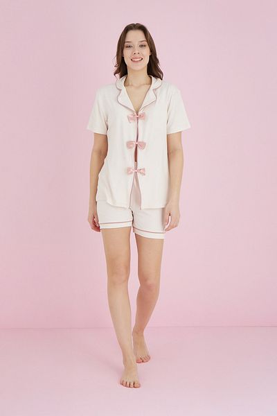 Fulla Moda Bow Collar Shirt Shorts Pajama Set