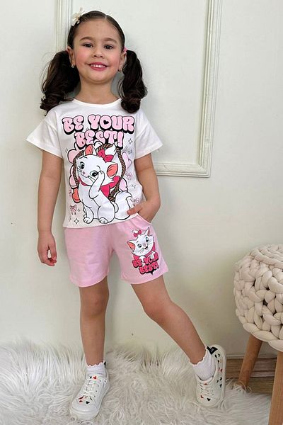 Yağmur Giyim Pjkskt Cute Kitten Patterned Pink Shorts Short Sleeve Suit for Girls 7566-P