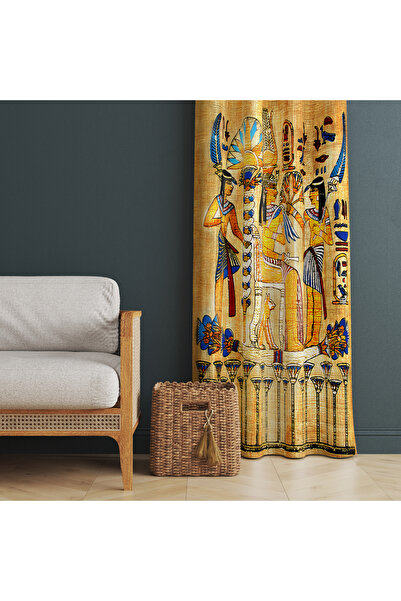 LadiesHome Antik Mısır Motifli Perde – Ankh & Lotus Desenli Şık Tasarım 140x2...