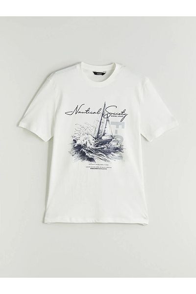 LC Waikiki XSIDE Ecru Herren-T-Shirt aus bedruckter gekämmter Baumwolle mit Rundhalsausschnitt
