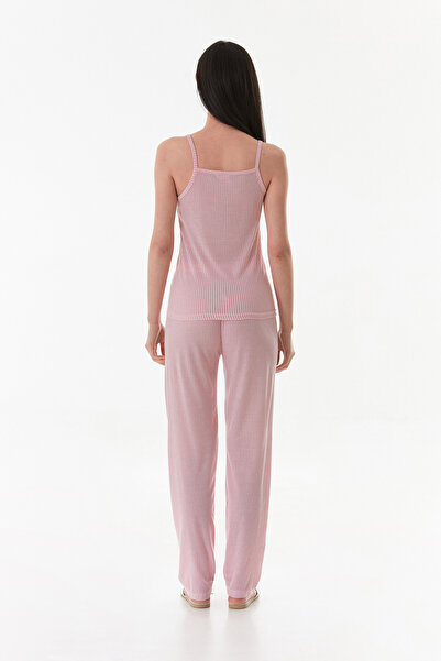 Fulla Moda İnce Çizgili Askılı Dantelli Pijama Takımı