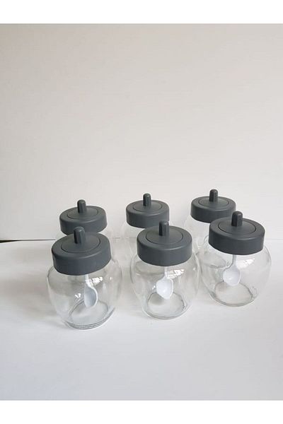 abenim 6 Pieces Gray Matte Lid Spice Jar Set with Spoon - 330 ml - Glass Jar
