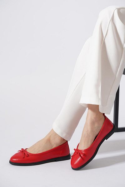 Moda Pie Lewkes Flat Bow Genuine Leather Women's Ballerinas Red Skin