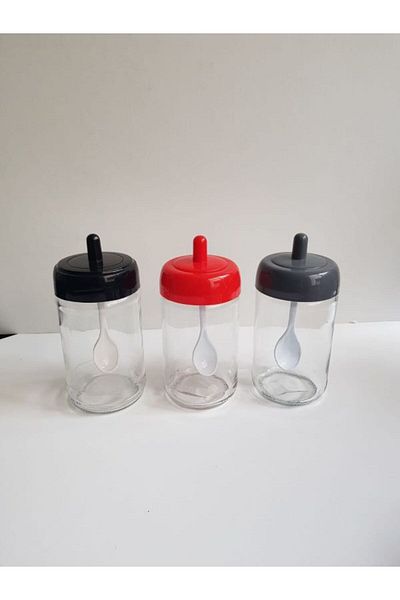 abenim 3 Pieces Spice Rack Set with Spoon - 330 ml - Glass Jar (Red-Black-Grey)