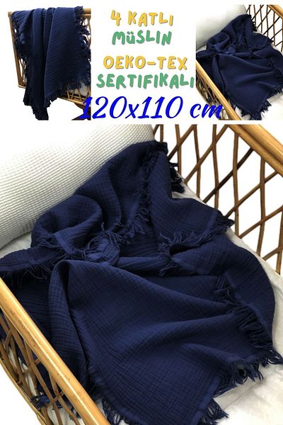 Armashine Muslin 4 Layer Baby Blanket Large Size - Four Layer Orj Fringed Natural Organic Cotton 120Cmx110Cm