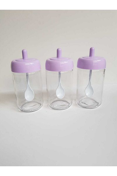abenim 3 Pieces Lilac Spice Jar Set with Spoon - 330 ml - Glass Jar