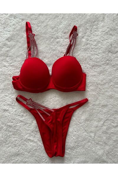 Pink Cadillac Set sutien cu căptușeală cu bretele cu detaliu de piatră în for...