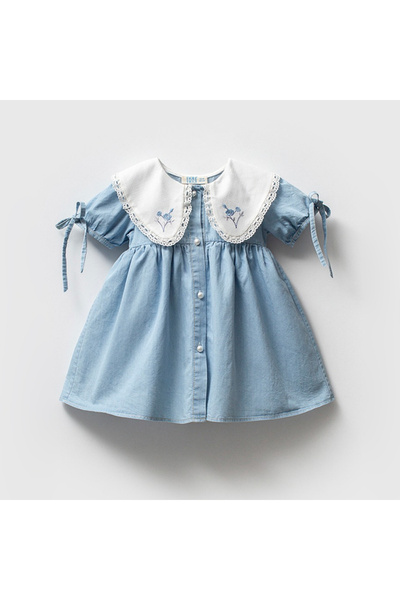 Alya&Alin Baby Nakışlı Yaka Kot Elbise